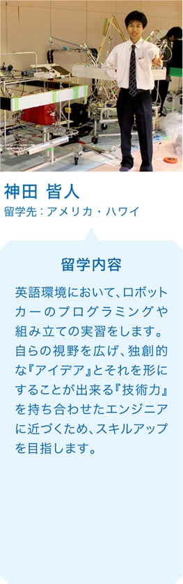 神田 皆人 留学先：アメリカ・ハワイ 留学内容 英語環境において、ロボットカーのプログラミングや組み立ての実習をします。自らの視野を広げ、独創的な『アイデア』とそれを形にすることが出来る『技術力』を持ち合わせたエンジニアに近づくため、スキルアップを目指します。